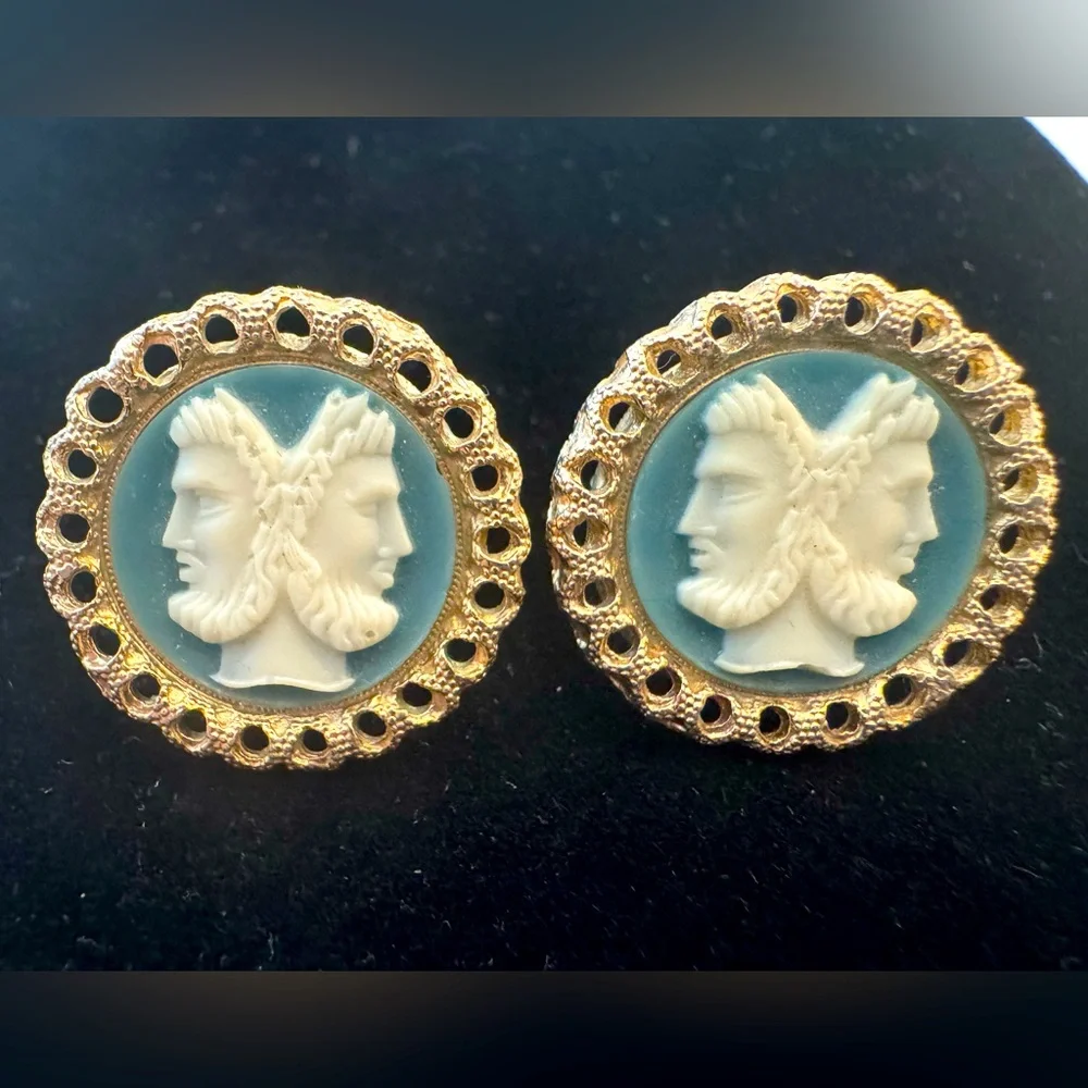 Swank Roman Janus Gold Plated Blue Cameo Cufflinks